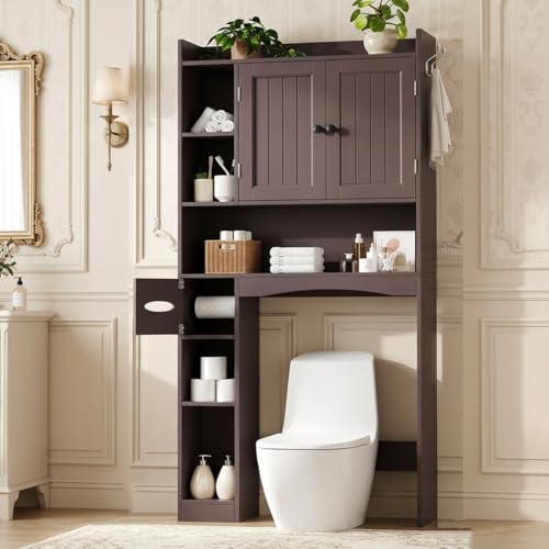 Gizoon Over The Toilet Storage Cabinet, 66''H Over Toilet Storage Cabinet, with Paper Holder, Adjustable Shelves, 2 Doors, Over Toilet Bathroom Organizer, 2 Side Hooks, Space-Saver, Dark Brown - color: Dark Brown