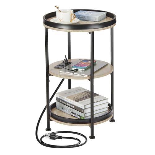 Dulcii Round Side Table with Charging Station, End Table with 3 Shelves for Living Room, Bedroom Nightstand for Small Spaces, Industrial Round Sofa Table with Steel Frame (USB+Oak) - color: Oak, style: With Outlets