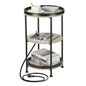 Dulcii Round Side Table with Charging Station, End Table with 3 Shelves for Living Room, Bedroom Nightstand for Small Spaces, Industrial Round Sofa Table with Steel Frame (USB+Oak) - color: Oak, style: With Outlets