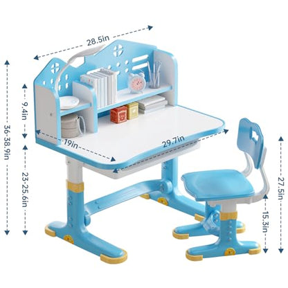 Kids Desk and Chair Set, Height Adjustable Child's School Study Writing Tables, Kids Desk with Bookstand and Storage Drawer, Widened Desktop with Desktop for Boys and Girls - color: Blue-a