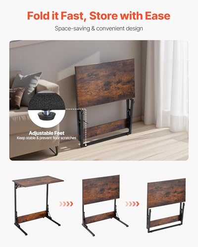 VEVOR C Table, Folding C Shaped End Table with Metal Frame & Adjustable Feet, Foldable C Shaped Side Table for Living Room Bedroom Office, 23.62 x 14.57 x 27.56 inch TV Tray, Brown and Black - style: Folding