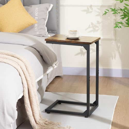 AMHANCIBLE C Shaped End Table, Slide Under Couch Table for Sofa, TV Tray Snack Table, Small Side Table for Small Space, Living Room, Brown HET02CBR1 - color: Rustic Brown