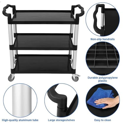 Utility Service Cart 3 Shelf with Wheel, Plastic Heavy Duty 3-Tier Rolling Utility/Push Food Service Cart for Office, Warehouse, Garage, Restaurant, Cleaning, 360lbs Capacity, Black