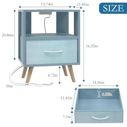 Huhote Kids Nightstand, 2-Tier Night Stand with Charging Station and Drawer, Modern Side Table for Bedroom, Study Room, Small Spaces, Blue - color: Blue, size: 2-Tier with Charging