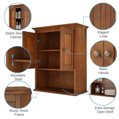 Treocho Wood Wall Cabinet, Bathroom Medicine Cabinet Storage with Doors and Adjustable Shelf, Rustic Cabinet Wall Mounted for Bathroom, Livingroom, Kitchen, Cupboard, Reddish Brown - color: Reddish Brown