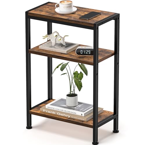 Narrow Side Table for Small Space, 3 Tier Slim End Table, Thin Nightstand, Skinny Snack Couch Table, Sofa Bedside Table in Living Room, Bedroom, Study, Kitchen and Balcony (Rustic Brown) - color: Rustic Brown, size: 3-Tier (7.9''D*17''W*26.6''H)