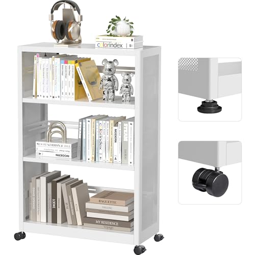 Polup [Industrial Grade] Mobile 3 Tier Bookshelf, Metal 3 Shelf Bookcase on Wheels, Heavy Duty Book Shelf for Small Space, Book Case for Home Office, Living Room, School, Assembly Required, White - color: White, size: 3 Tier-28" W