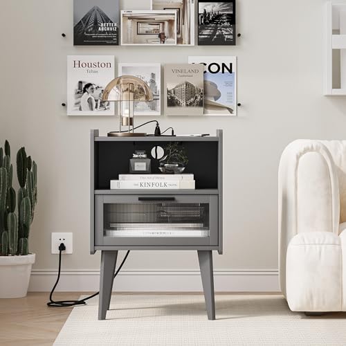 MMEOLUOOK Nightstand with Charging Station, Bedside Tables Grey End Table Side Table with 2 Tiers Storage Space, for Bedroom Living Room CAMLBZ07ZE - color: Grey