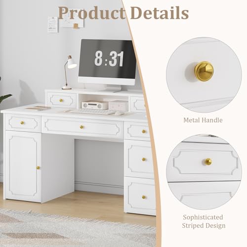Catrimown White Desk with 7 Drawers, 54 Inch Computer Desk with Cabinet for Work Writing Study, Vanity Desk with Golden Handle for Girls, Bedroom - color: White