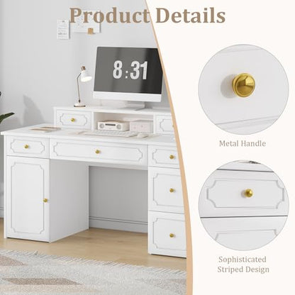 Catrimown White Desk with 7 Drawers, 54 Inch Computer Desk with Cabinet for Work Writing Study, Vanity Desk with Golden Handle for Girls, Bedroom - color: White