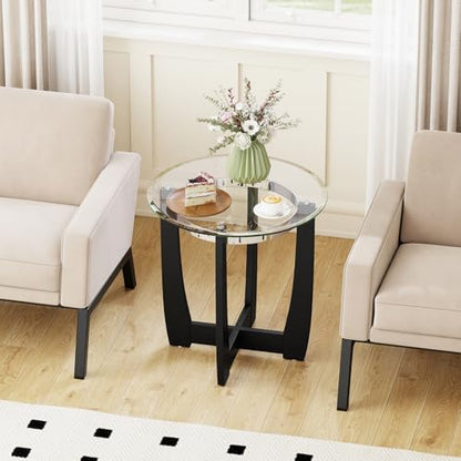 Giantex Round Glass End Table Set of 2, 24’’ Side Table with Tempered Glass Top, Nightstands with Cross & Solid Rubber Wood Base, Compact Bedside Night Stand for Bedroom Office Living Room (2, Black) - color: Black