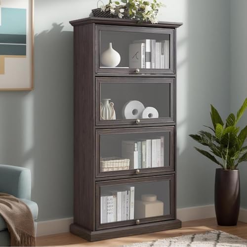 Tall Bookcase with Glass Doors, 63" H Farmhouse Glass Curio Display Cabinet with Flip up Doors, Elegant Storage Cabinet with 4-Tier Shelves, Rack for Living Room (Brown) - color: Brown & 32 X 63