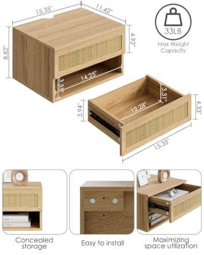 Floating Nightstand, Small Modern Floating Nightstand with Drawer, Floating Shelves for Bedroom, Bathroom (Oak Rattan) - color: Oak Rattan