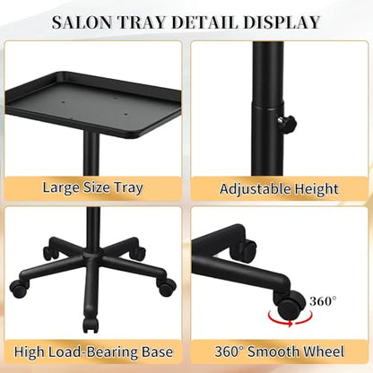 Salon Tray on Wheels, Black Salon Tray Cart with Adjustable Height, Tattoo Rolling Tray, Metal Service Instrument Storage Tray for Salon&Home Use - color: Black