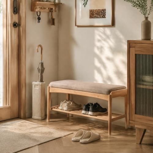 Oak Wood Shoe Bench, 40 Inch Entryway Bench with Gray Cushion | Spacious oak bench with gray cushion combines natural wood texture and comfortable seating for premium home spaces. - color: Natural + Gray Cushion, size: 39.37"