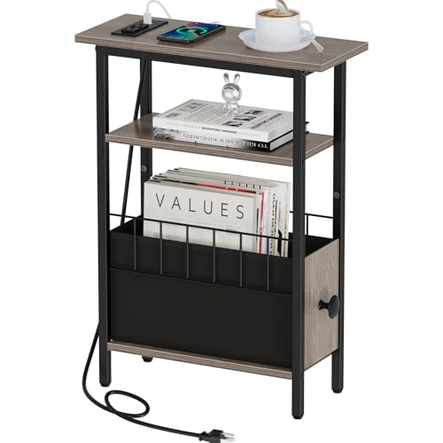 Snughome Narrow Side Table with Charging Station, Slim End Table for Small Spaces, 3 Tier Skinny Nightstand with Drawer, Sofa Beside Table with Storage Shelf for Living Room Bedroom Grey - color: Grey