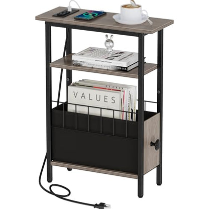 Snughome Narrow Side Table with Charging Station, Slim End Table for Small Spaces, 3 Tier Skinny Nightstand with Drawer, Sofa Beside Table with Storage Shelf for Living Room Bedroom Grey - color: Grey