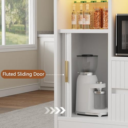 Kitchen Island with Storage, Island Table for Kitchen with Power | Outlet & LED Light, Coffee Cart on Wheels Rolling Buffet Cabinet with Fluted Sliding Door, 2 Drawers, Large Countertop, White - color: White