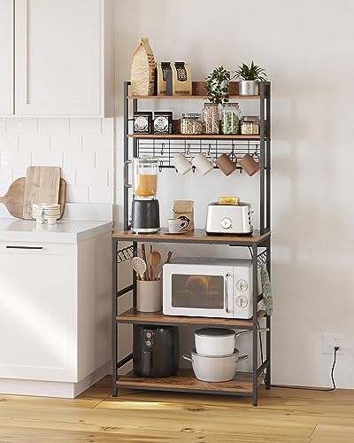 VASAGLE Bakers Rack with Power Outlet, Microwave Stand, Kitchen Tall Utility Storage Shelf, with Metal Wire Panel, 14 Hooks, 15.7 x 31.5 x 66.9 Inches, Rustic Brown and Ink Black UKKS025B01 - color: Rustic Brown + Ink Black, size: 31.5"W