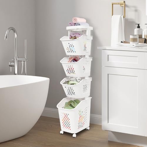 4-Tier Laundry Basket Holder, Utility Laundry Basket with Wheels Clothes Storage Organizer Cart Removable Rolling Laundry Hampers for Bathrooms Bedrooms Kitchen (4-Tier) - size: 4-Tier