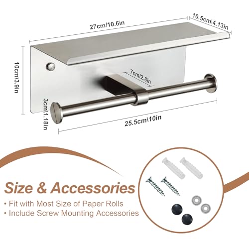 Toilet Paper Holder Wall Mount with Shelf Bjiotun Stainless Steel Toilet Paper Storage Tissue Roll Holder for Bathroom Storage Holds - color: Silver