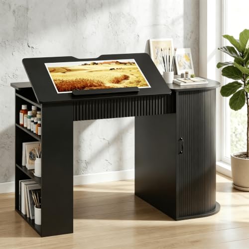 Drafting Table with Storage Cabinet & Drawers, Adjustable Drawing Table with Open Shelves, Crafting Table Art Desk for Home Office, Reading, Writing, Crafting, Painting (Black) - color: Black