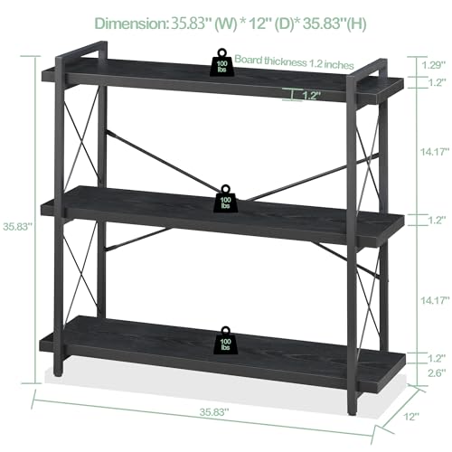 HCHQHS Bookshelf, 3-Tier Industrial Bookcase, Black Open Book Shelf, Freestanding Horizontal Bookshelves with Metal Frame - color: Ebony Black, size: 3-Tier (35.8"W x 35.8"H)