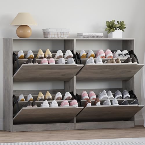 BORNOON Shoe Cabinet with 4 Flip Drawers, Narrow Hidden Shoe Storage Cabinet, Slim Freestanding Shoe Rack Organizer for Entryway, Hallway, Bedroom, Living Room - color: Grey, size: 4 Drawers