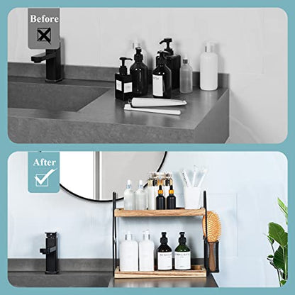 Bathroom Counter Organizer, 2-Tier Standing Storage Shelf with Basket, Wood Tray for Skincare Vanity Organizer - style: 2 Tier Brown