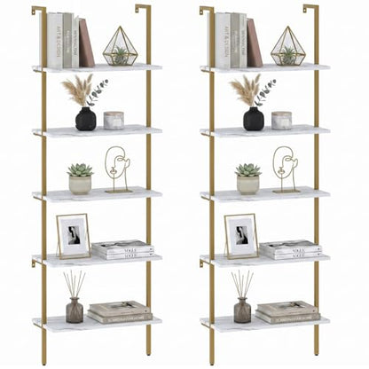 aboxoo Ladder Shelf 2PCS White Marble Bookshelf 5-Tier Wall-Mounted Wood Rack Open Industrial Modern Plant Flower Stand Utility Organizer Bookcase Metal Frame Furniture Office Kitchen Bedroom - color: White Marble 5-tier, size: 2PCS