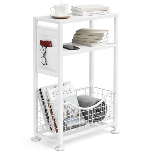 Skinny Side Table with Storage, 3 Tier Slim Side Tables for Small Spaces, Skinny End Table Narrow Bedside Table Narrow Side Table for Living Room, Bedroom - color: White