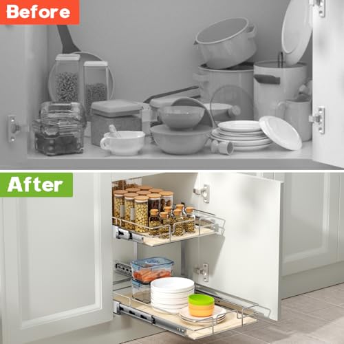 ROOMTEC 2 Tier Individual Pull Out Cabinet Organizer 10½"W x 21½"D, Slide Out Wood Shelves Organizers, Pull Out Drawers Organization and Storage for Kitchen Cabinet - size: 10½" W x 21½" D