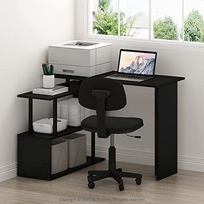 Furinno Moore L-Shape Computer Desk with 3-Tier Shelves, Americano - color: Americano/Black, style: 3-Tier Shelves Desk