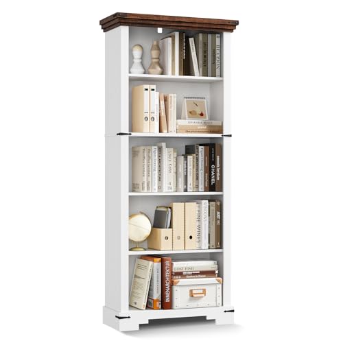 5-Tier Farmhouse Bookshelf, 61.1 inch Tall Bookcase with Storage & Unique Design & One Adjustable Shelf, Wooden Bookshelf for Study Room, Living Room, Home Office, Bedroom (White) - color: White
