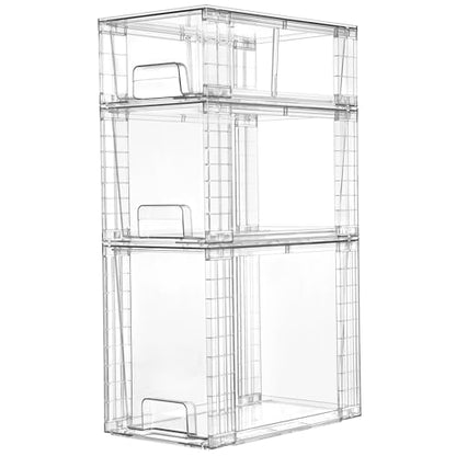 Vtopmart 3 Pack Clear Stackable Storage Drawers,Easy to Assemble Bathroom Organizers and Storage with handles,Plastic Drawers for Kitchen Pantry,Cabinet,Under Sink Organization | Tall, Medium and Small Pull-Out PET Drawers with Stackable Design for Bathro