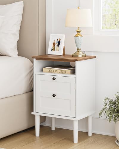 Nightstand, Boho Night Stand with 1 Drawer, Modern Side Accent Table with Open Shelf, Wooden Top Bedside End Table for Bedroom, Living Room, White - color: White