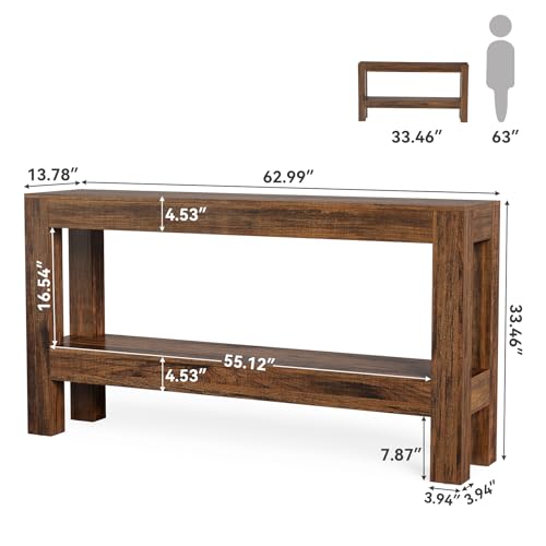 LITTLE TREE 63-Inch Wood Entryway Table, Long Farmhouse Narrow Console Table for Living Room, Hallway, Sofa, Entry, Entrance, Foyer, Behind Couch with 2-Tier Shelves, Brown - color: Red Brown