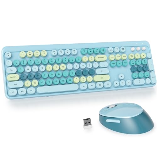 GTSP Typewriter Colorful Wireless Keyboard and Mouse Combo, 2.4GHz Full-Size Retro Cute Office Computer Keyboard with Round Keycaps for Desktop Laptop and PC (Light Blue) - color: Light Blue