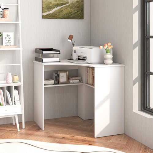 Small Corner Desk with Storage, Triangle Corner Gaming Desk with Adjustable Shelves, Compact Vanity Desk, L-Shaped Corner Computer Desk for Small Space, Bedroom, Living Room (White)