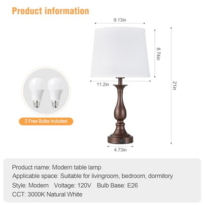 Bedside Table Lamp Touch Control Bedroom Lamps with USB A + C Charging Port 3 Way Dimmable Touch Lamps for Nightstand Living Room Bedroom Dorm Home Office Reading, Set of 2 (White Shade & Brown Base) - color: White Shade & Brown Base