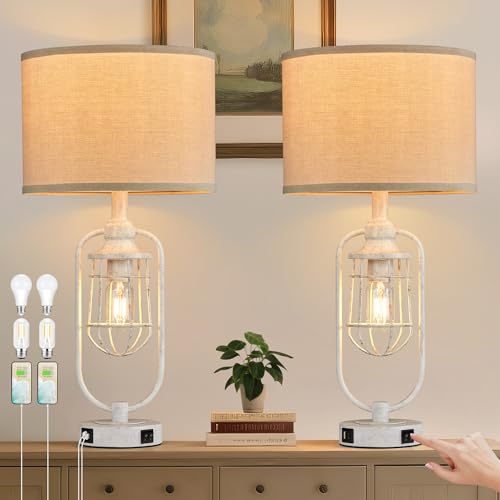 Farmhouse Table Lamps for Living Room Set of 2, Lamps for Night Stands Set of 2, Industrial Bedside Lamps for Bedroom Nightstand with USB A+C, Bulbs Included - color: White