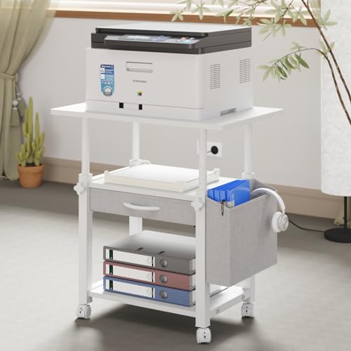 YAOHUOO 22"x15" Large Printer Stand with Drawer, 3-Tier Rolling Table Cart | Storage Drawer and Side Bag,Height Adjustable Cart,Fit printer/fax/3d/scanner,4 lock wheels or feet,White - color: White, size: 3-Tier