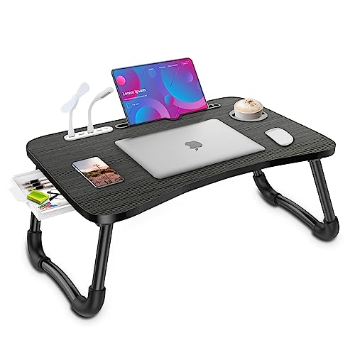 Zapuno Laptop Lap Desk, Foldable Laptop Table Tray with 4 USB Ports Storage Drawer and Cup Holder, Lap Bed Desk Notebook Stand Laptray Portable Standing Table for Bed Couch Floor - color: Black