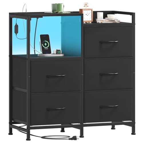 Somdot Wide Bedroom Nightstand with 5 Drawers, Charging Station & LED Light | Open-Shelf Dresser with Fabric Bins for Kids Room, Closet, Dorm and Guest Room, Black - color: Black, size: 11.4"D x 26.2"W x 27.8"H (5 Drawers)