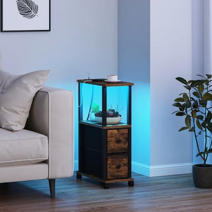 TUTOTAK Small Narrow End Tables, LED Side Tables with 2 Fabric Drawers, Set of 2, Bedside Tables with Charging Station for Small Spaces, Slim Nightstands with USB Ports and Wheels, TB01BB053CL - color: Brown and Black, style: with LED Light & Outlets