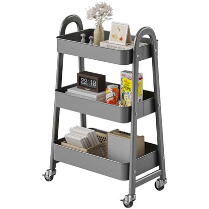 DUMOS 3 Tiers Metal Rolling Utility Cart with Lockable Wheels, Mobile Storage Organizer, Utility Shelving Unit for Kitchen, Office, Bathroom, Laundry, Narrow Places, Gray - color: 3 Tiers Gray