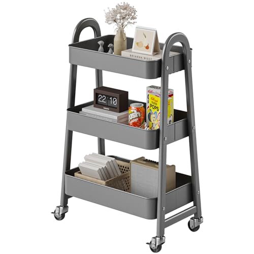 DUMOS 3 Tiers Metal Rolling Utility Cart with Lockable Wheels, Mobile Storage Organizer, Utility Shelving Unit for Kitchen, Office, Bathroom, Laundry, Narrow Places, Gray - color: 3 Tiers Gray