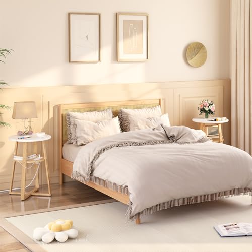 HOOBRO Round Side Table with Charging Station, Round Accent End Table with Bamboo Legs for Living Room, Bedroom, White and Natural YW101UBZ01 - color: White and Natural