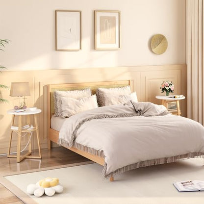 HOOBRO Round Side Table with Charging Station, Round Accent End Table with Bamboo Legs for Living Room, Bedroom, White and Natural YW101UBZ01 - color: White and Natural