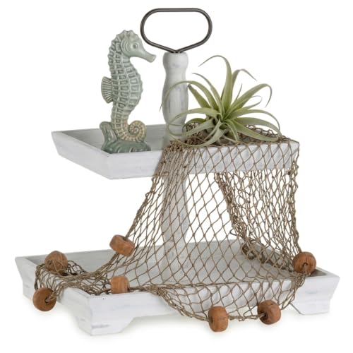 Hanobe 2 Tiered Decorative Tray Stand for Coastal Beach Coffee Table Decor | Rectangle Farmhouse Wood Display for Kitchen Counter, White - color: Rustic White